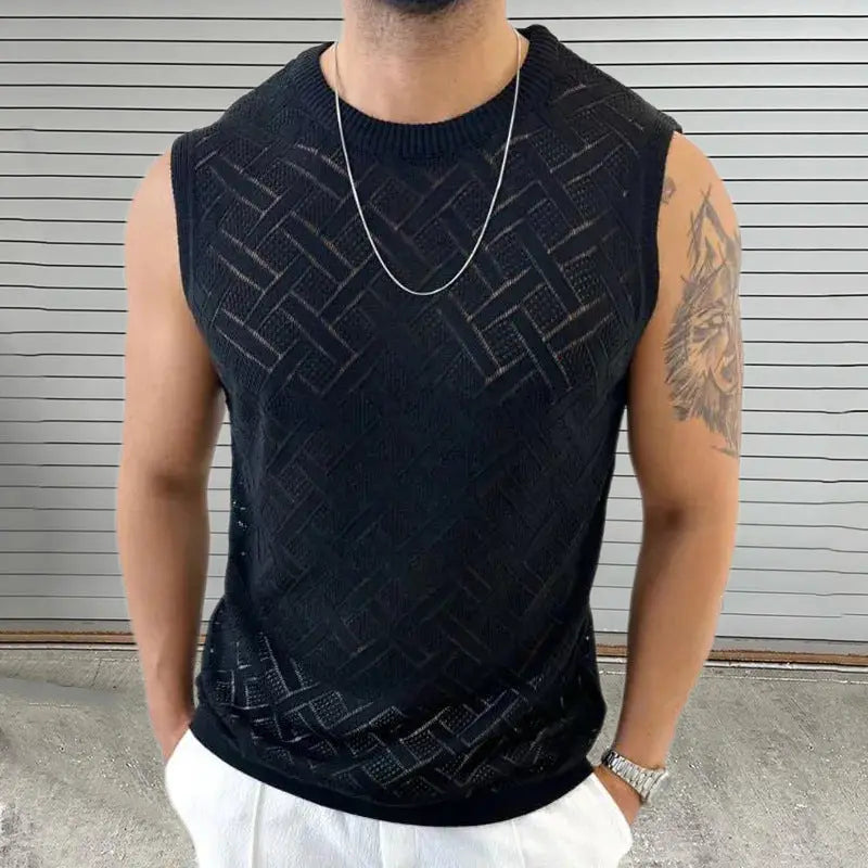 Men's black sleeveless knit tank top with woven pattern – breathable summer muscle fit top