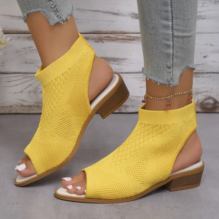 Women's yellow knit open toe flat sandals with cushioned soles – breathable summer shoes