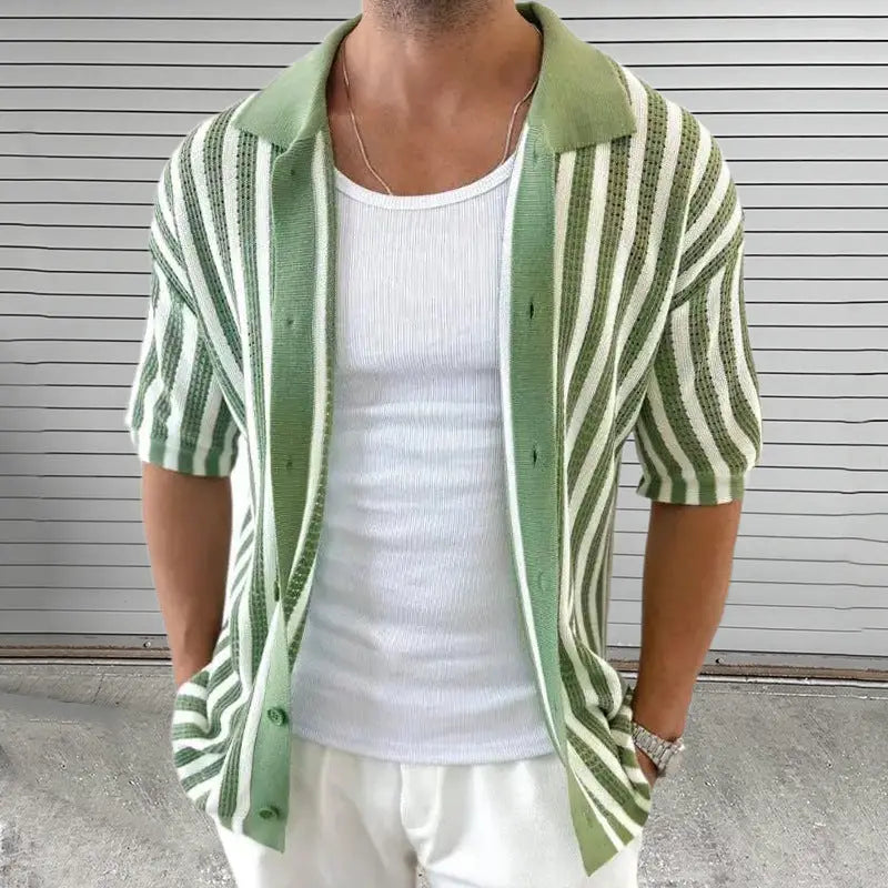 Men's green and white vertical striped knit shirt with short sleeves – casual summer button-down