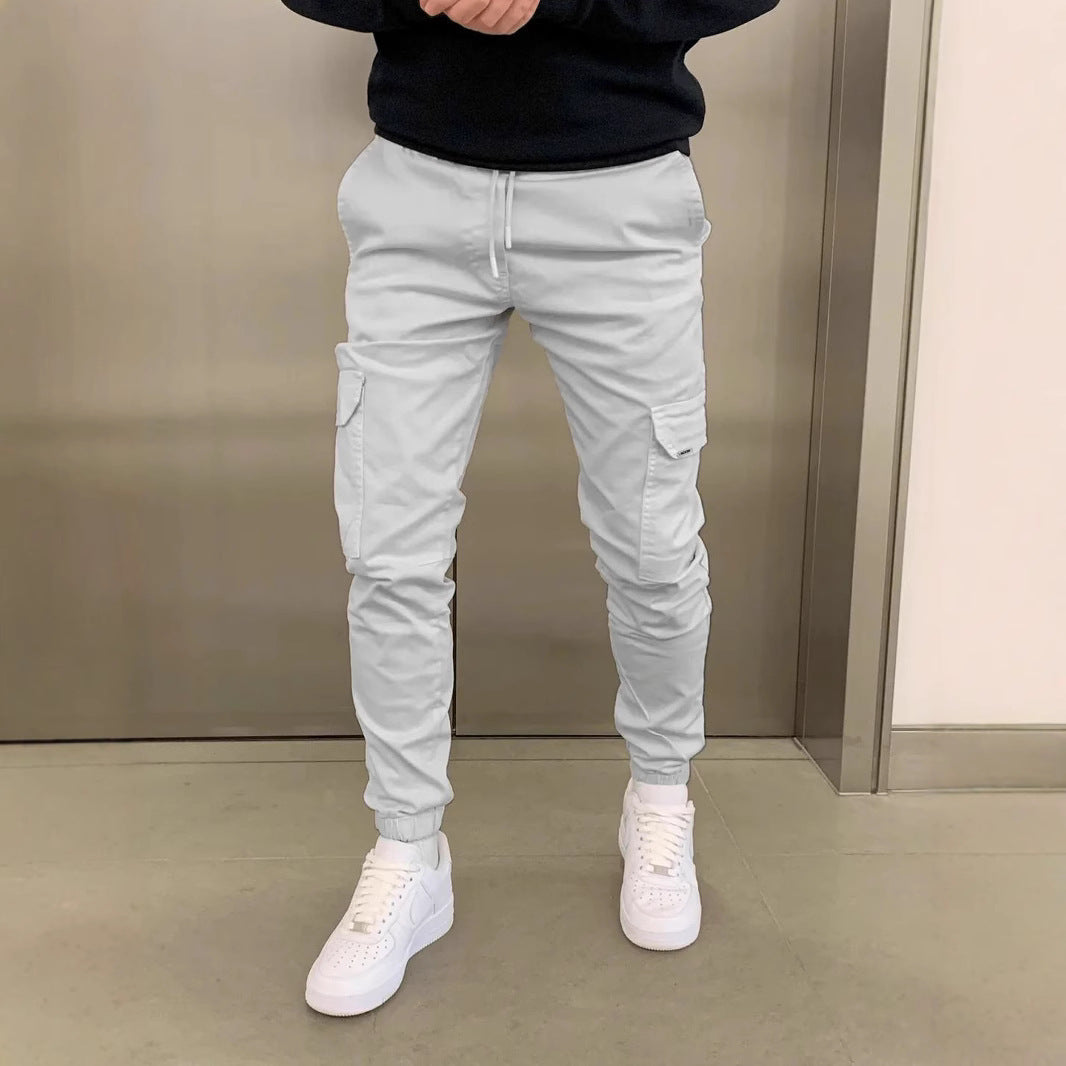 Men’s slim fit cargo jogger pants with elastic ankle cuffs – comfortable stretch waist streetwear trousers in grey