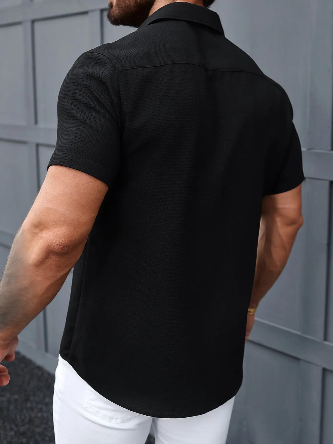Men’s black short sleeve button-up shirt with chest pocket – casual summer shirt