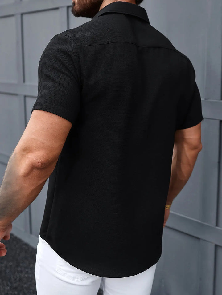 Men’s black short sleeve button-up shirt with chest pocket – casual summer shirt