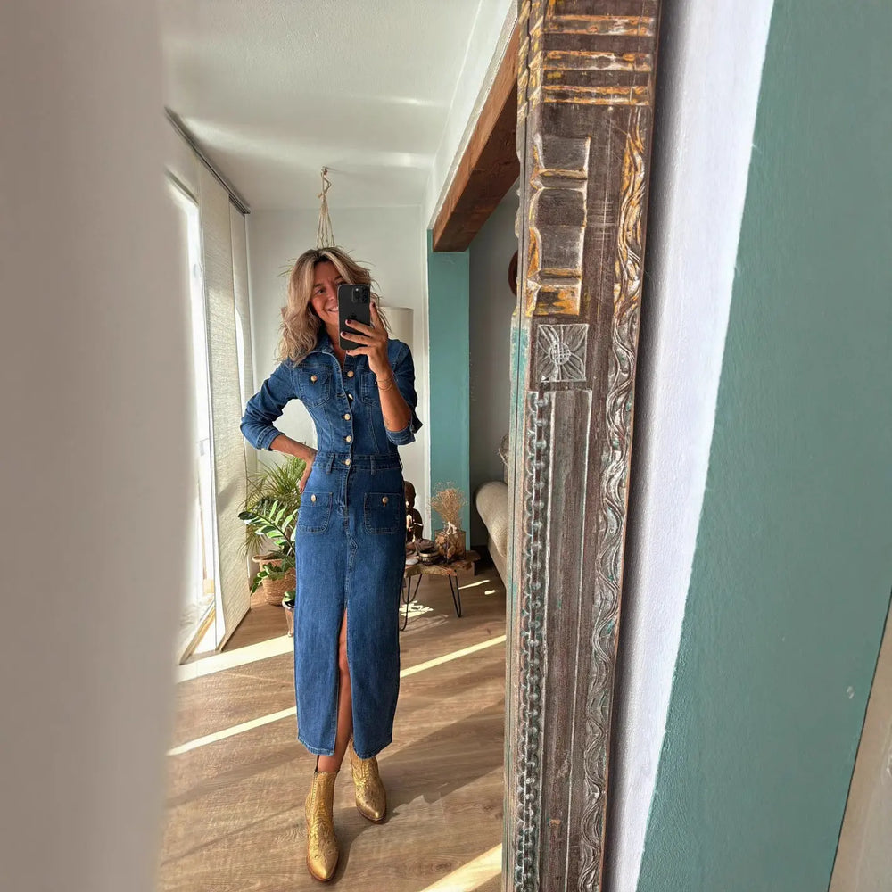 Women’s dark blue denim maxi dress with button-up front, long sleeves, and front slit – western-inspired jean dress