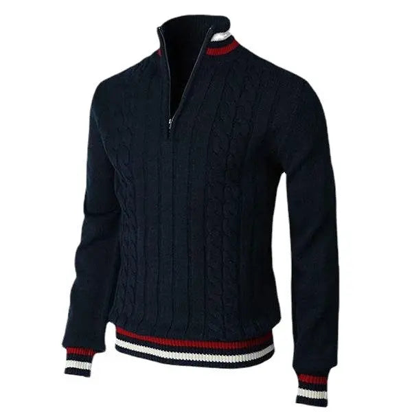 Navy blue cable knit sweater with red-white collar – stylish zip-neck men's knitwear