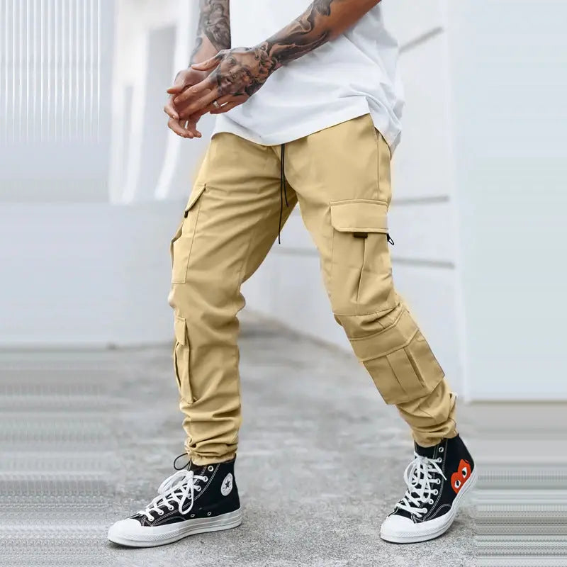 Men’s khaki utility cargo pants – breathable material with drawstring waist