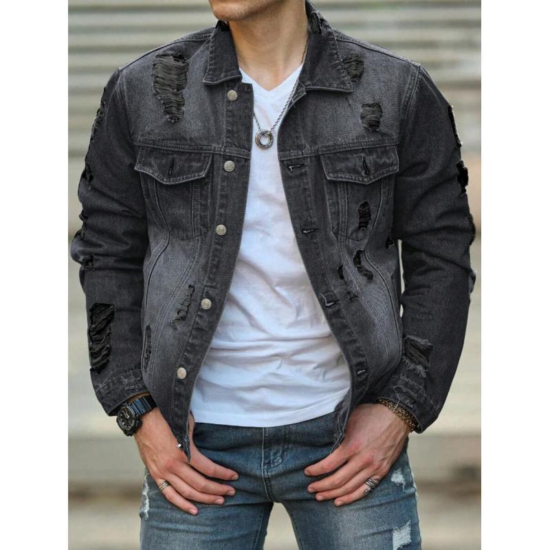 Men’s distressed black ripped denim jacket with heavy distressing – vintage washed jean jacket with chest pockets