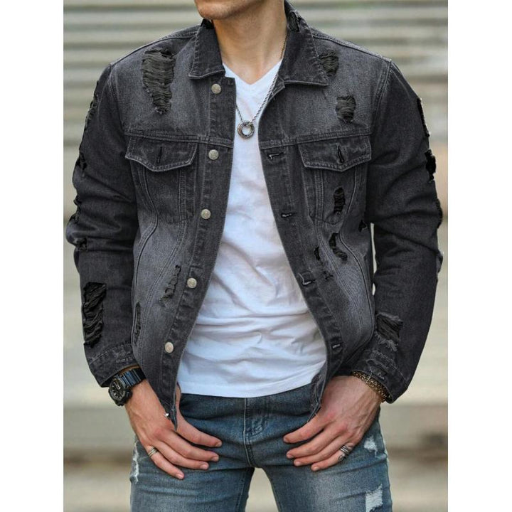 Men’s distressed black ripped denim jacket with heavy distressing – vintage washed jean jacket with chest pockets