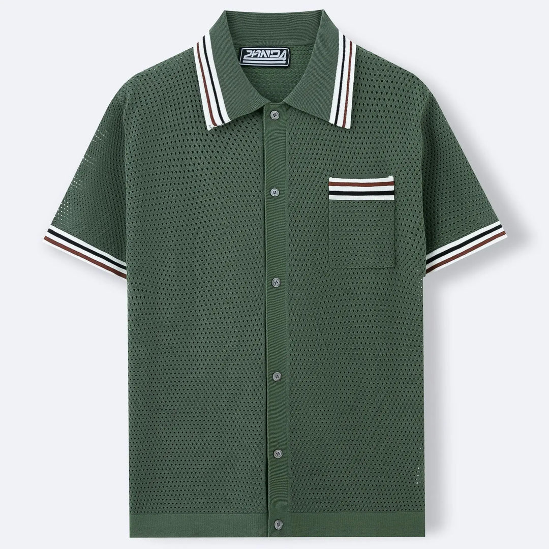 Men’s olive green textured short-sleeve button-up knit shirt with front pocket