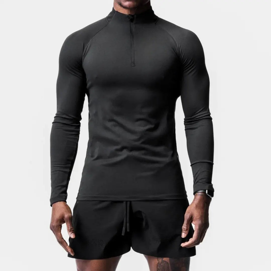 Men’s black long-sleeve quarter-zip compression top for gym, running, and athletic training