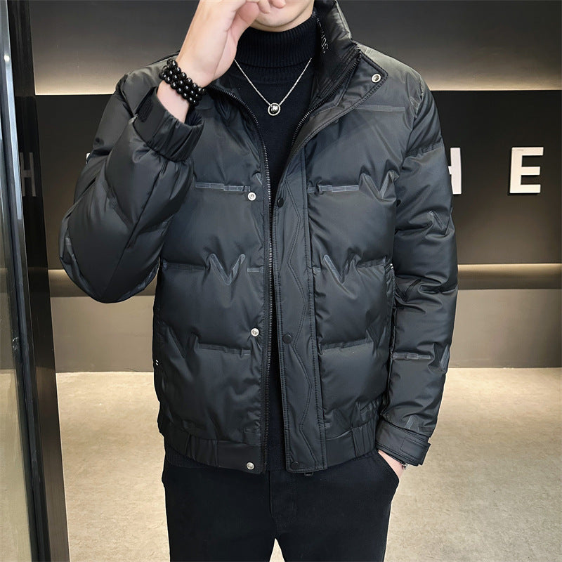 Men’s black quilted puffer jacket – insulated winter outerwear with stand collar and zipper, perfect for casual and urban cold weather looks.