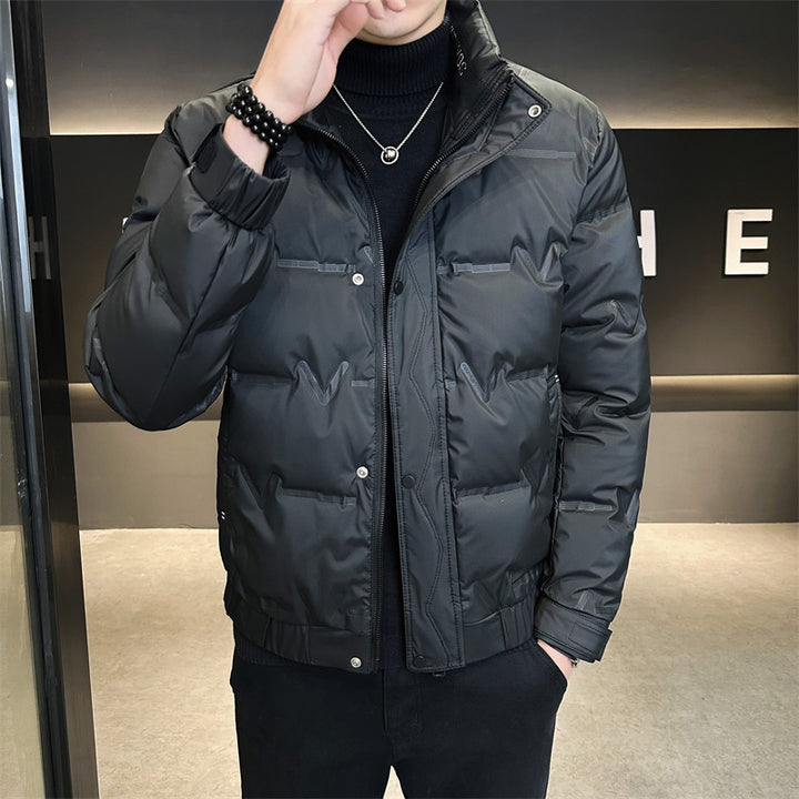 Men’s black quilted puffer jacket – insulated winter outerwear with stand collar and zipper, perfect for casual and urban cold weather looks.