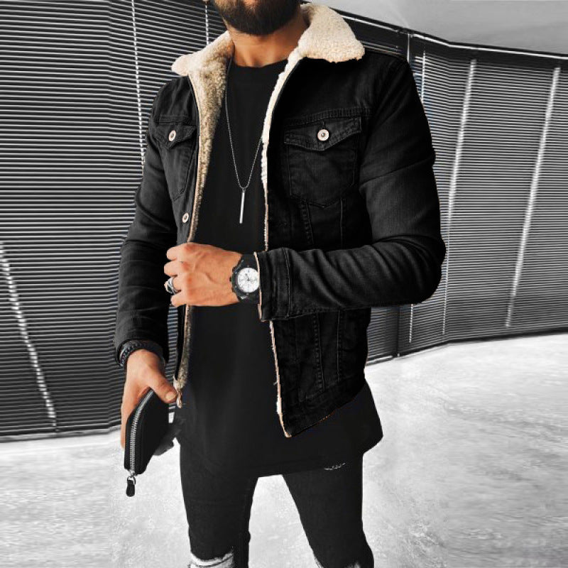 Stylish men’s sherpa-lined denim jacket with warm fleece collar – button-up winter outerwear for casual streetwear looks, in black
