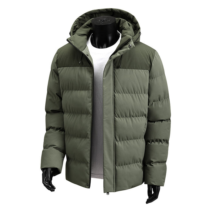 Men’s insulated color-block puffer jacket with hood – warm winter coat with windproof design, zip closure, and thermal padding in olive green