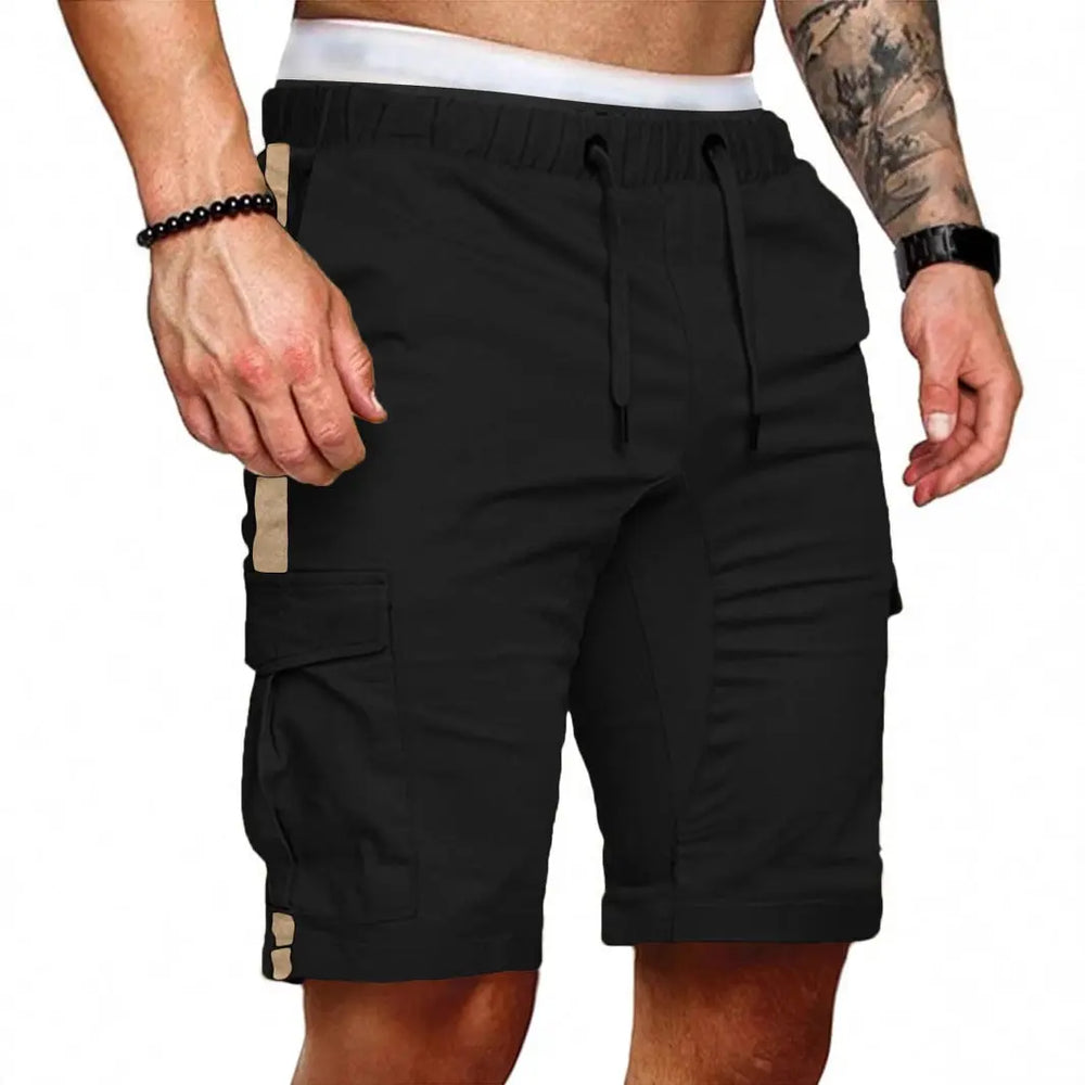 Black men’s utility cargo shorts with drawstring waistband and side flap pockets – lightweight athleisure shorts for summer