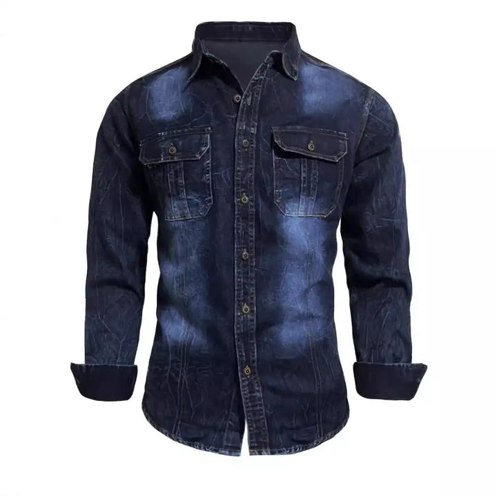 Men’s vintage washed long sleeve denim shirt with snap buttons – classic western casual style