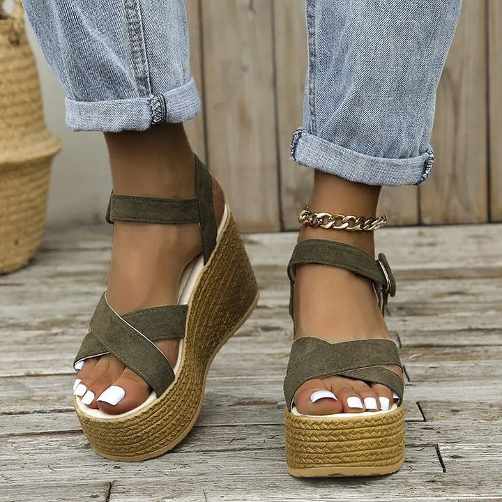 Women's olive suede platform espadrille wedge sandals with ankle strap – boho summer footwear