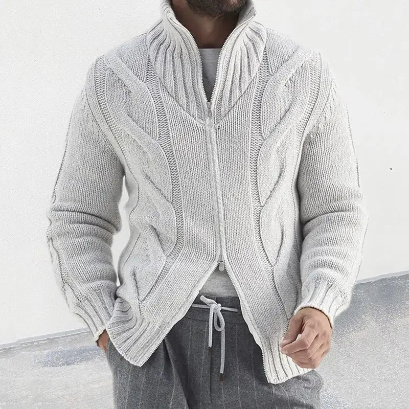 Chunky cable knit zip-up cardigan for men – warm shawl collar sweater in gray for casual fall and winter layering
