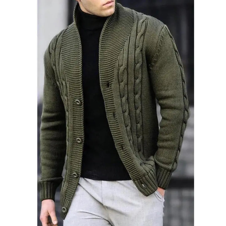 Olive green men’s knitted cardigan – casual layering piece for cool weather