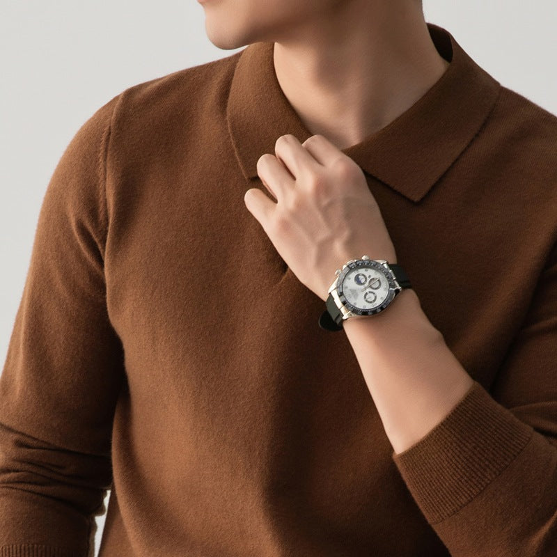 Men’s knit pullover with polo collar in brown – soft lightweight long sleeve sweater for casual or smart wear