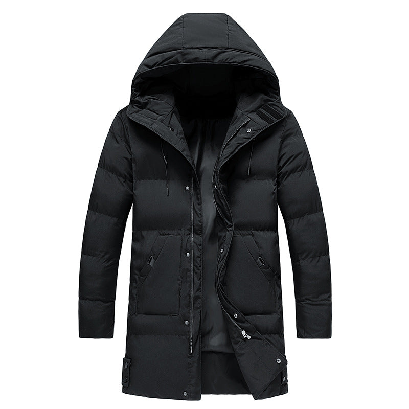 Men’s black long puffer parka jacket – insulated winter coat with hood, full zip front, and windproof design, ideal for cold weather