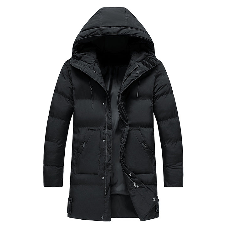 Men’s black long puffer parka jacket – insulated winter coat with hood, full zip front, and windproof design, ideal for cold weather