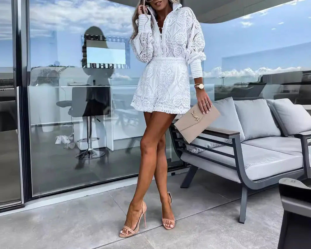 Women’s white long-sleeve lace romper dress – boho beach vacation outfit