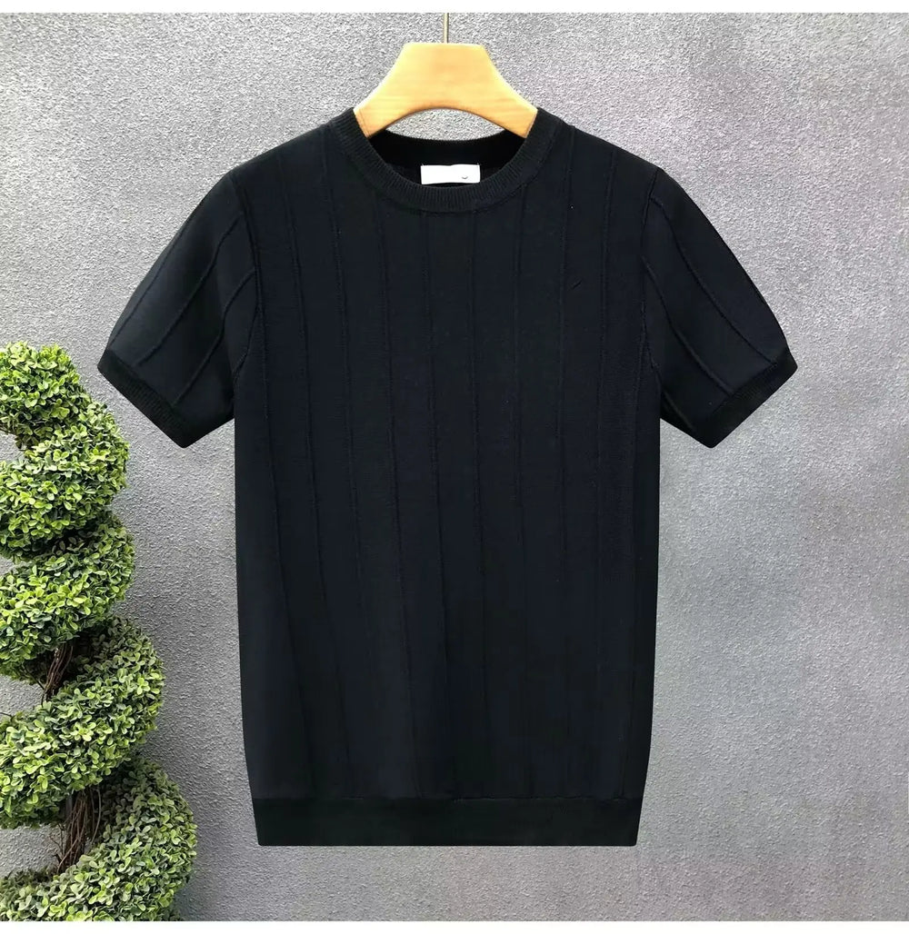 Men’s black short sleeve knit T-shirt with ribbed texture – casual summer top