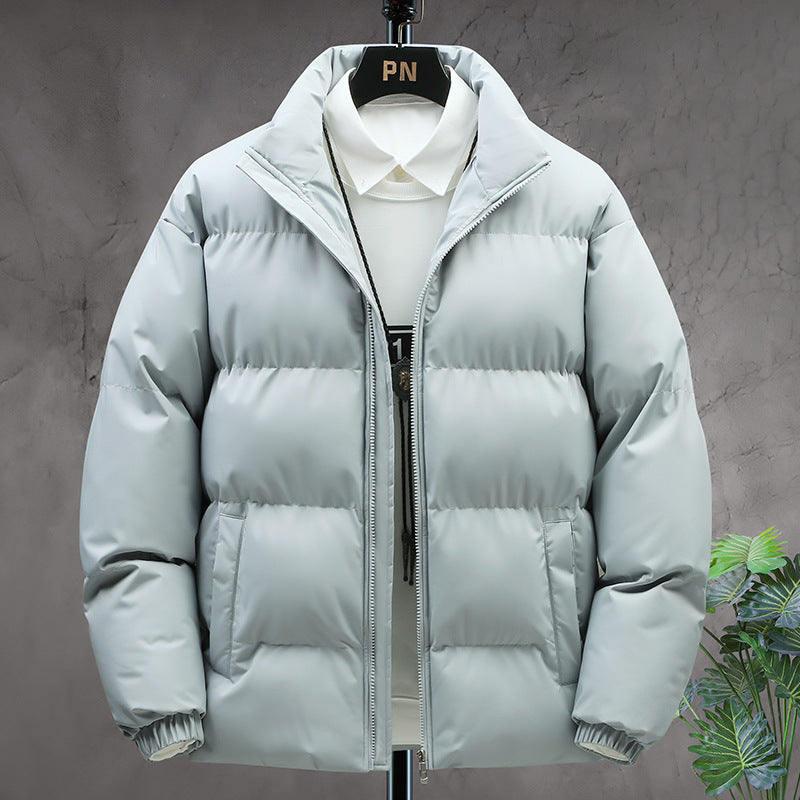 Men’s light blue puffer jacket. Quilted winter jacket with high collars and front zippers