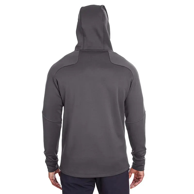Men’s dark grey pullover hoodie with high neck, zip pockets, and long sleeves – casual athletic sweatshirt