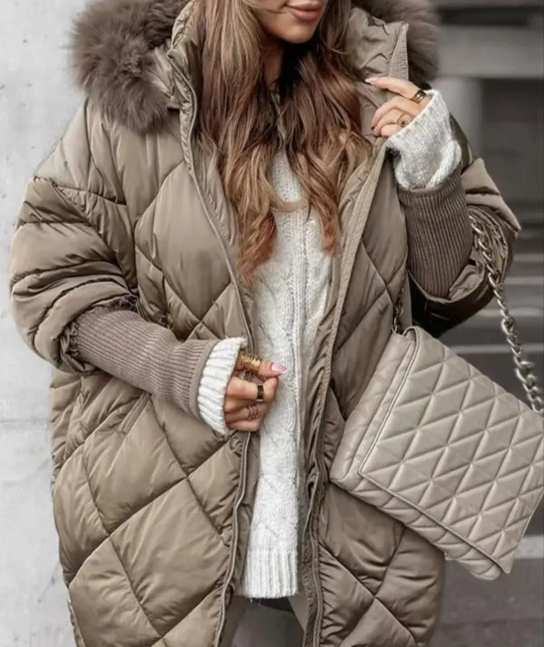 Taupe brown women's quilted puffer jacket with fur hood – cozy oversized winter coat