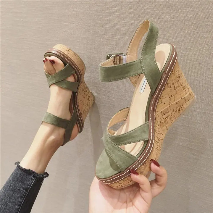Women’s olive green suede wedge sandals with cork platform and ankle strap – casual summer footwear