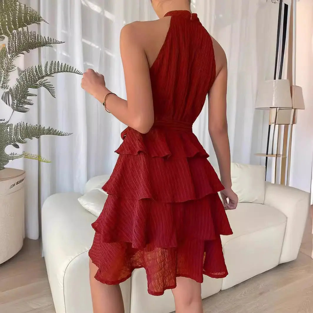 Red halter neck layered mini dress with belt – elegant summer outfit for women