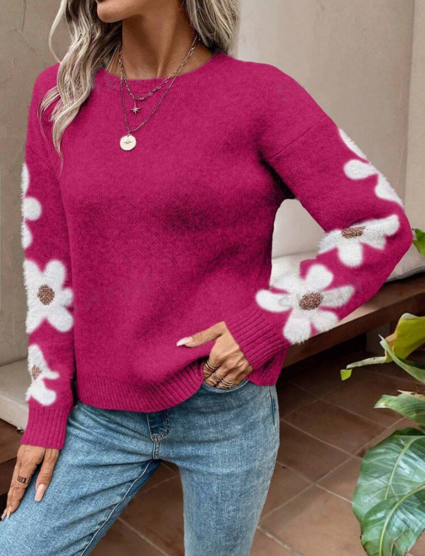 Women’s Pink Floral Cuff Sweater – Soft Knit Pullover