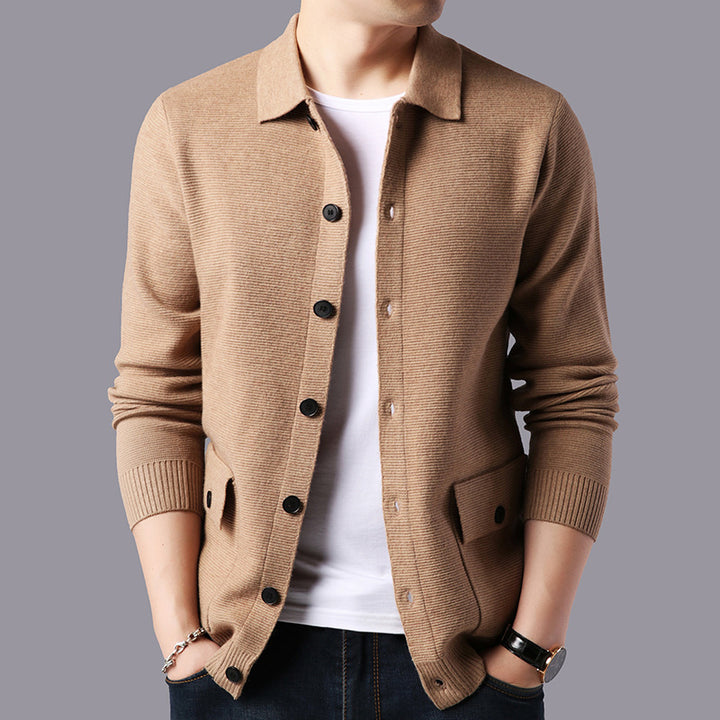 Men’s beige casual knit cardigan sweater with button-up front – lightweight long-sleeve layering piece for fall and winter 