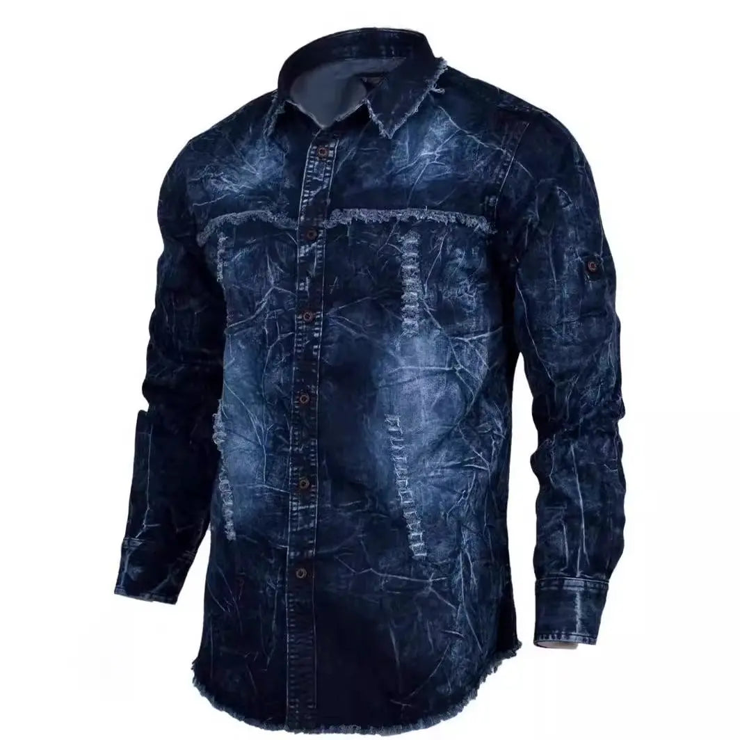 Men's dark wash long sleeve denim shirt with contrast stitching and vintage distressed detailing – rugged streetwear fashion