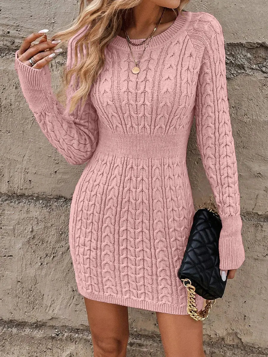 Long sleeve cable knit sweater dress for women – bodycon ribbed knit dress in pink for cozy chic style