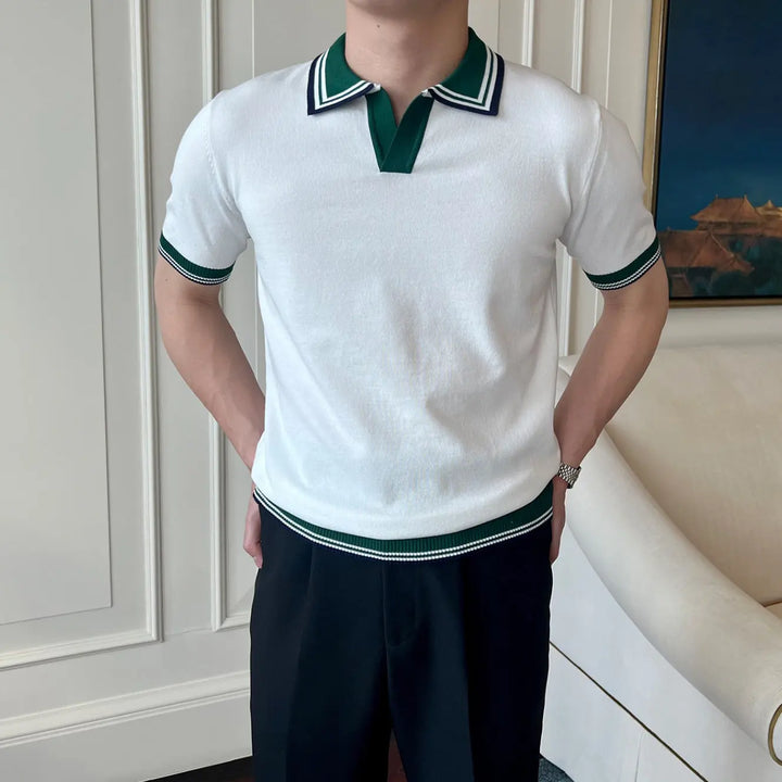 Men’s white short sleeve polo shirt with green contrast collar and sleeve trim – classic sporty knit shirt