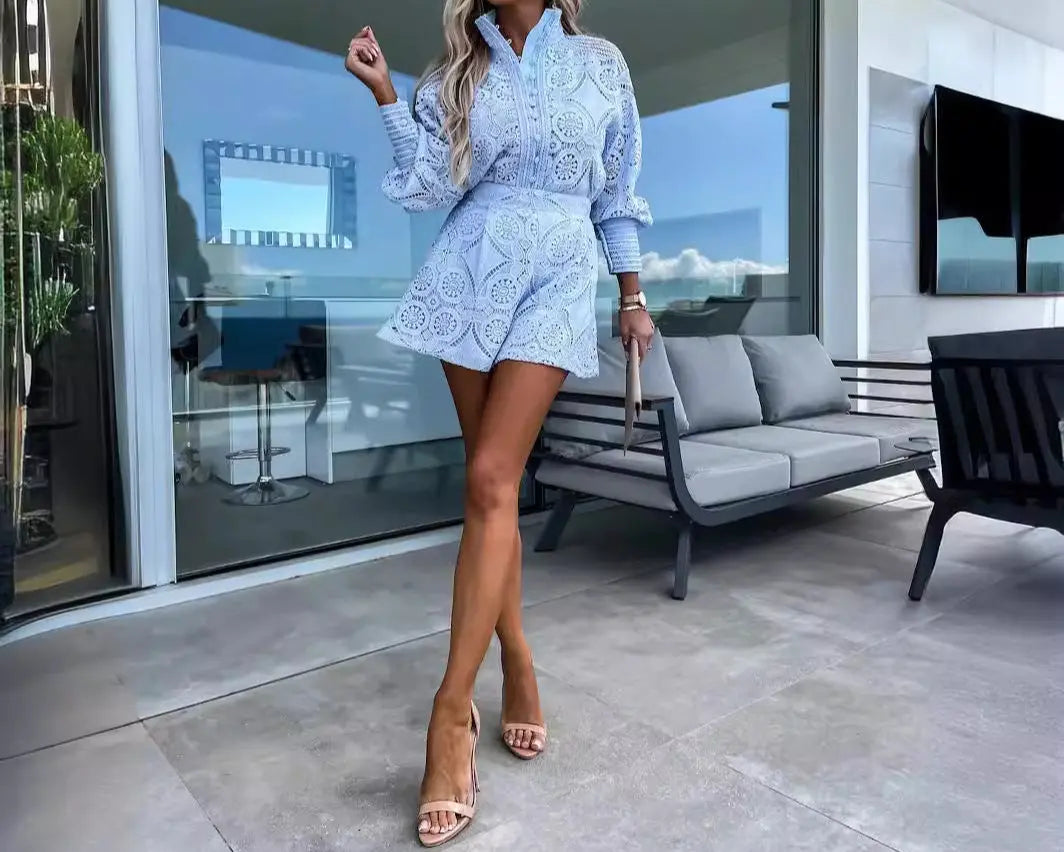 Women’s light blue long-sleeve lace romper dress – boho beach vacation outfit