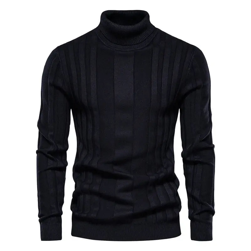 Men’s ribbed turtleneck pullover sweater – slim fit knit design in black perfect for layering in fall and winter