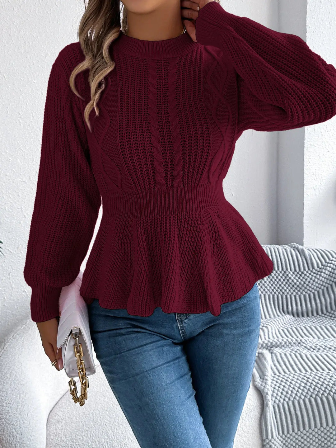 Peplum cable knit sweater for women – cozy long sleeve pullover with flared hem in burgundy for fall and winter fashion