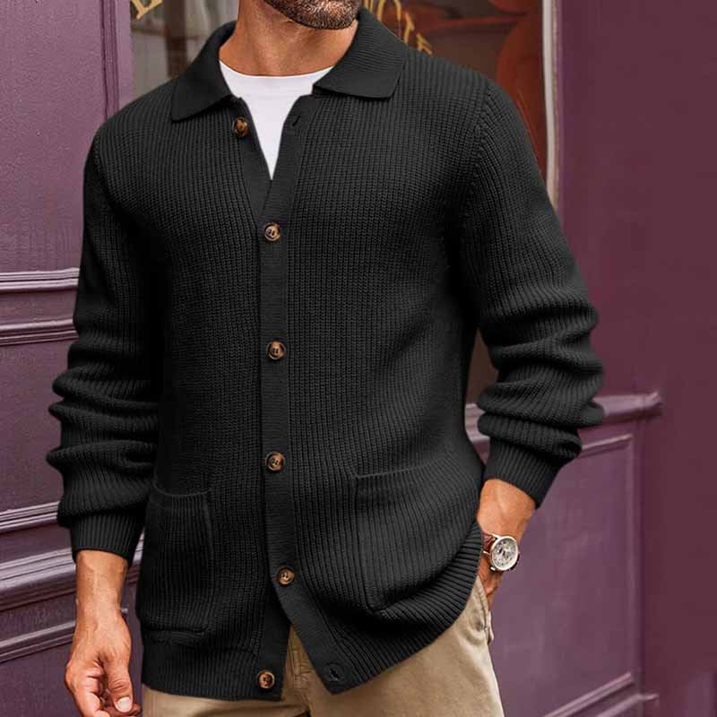 Black button-down knit cardigan for men – classic ribbed texture, long sleeve warm layering piece