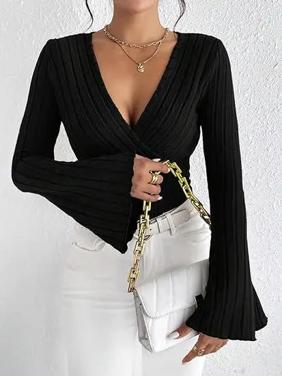 Ribbed V-neck wrap sweater top for women – stylish long bell sleeves in black elevated casual looks