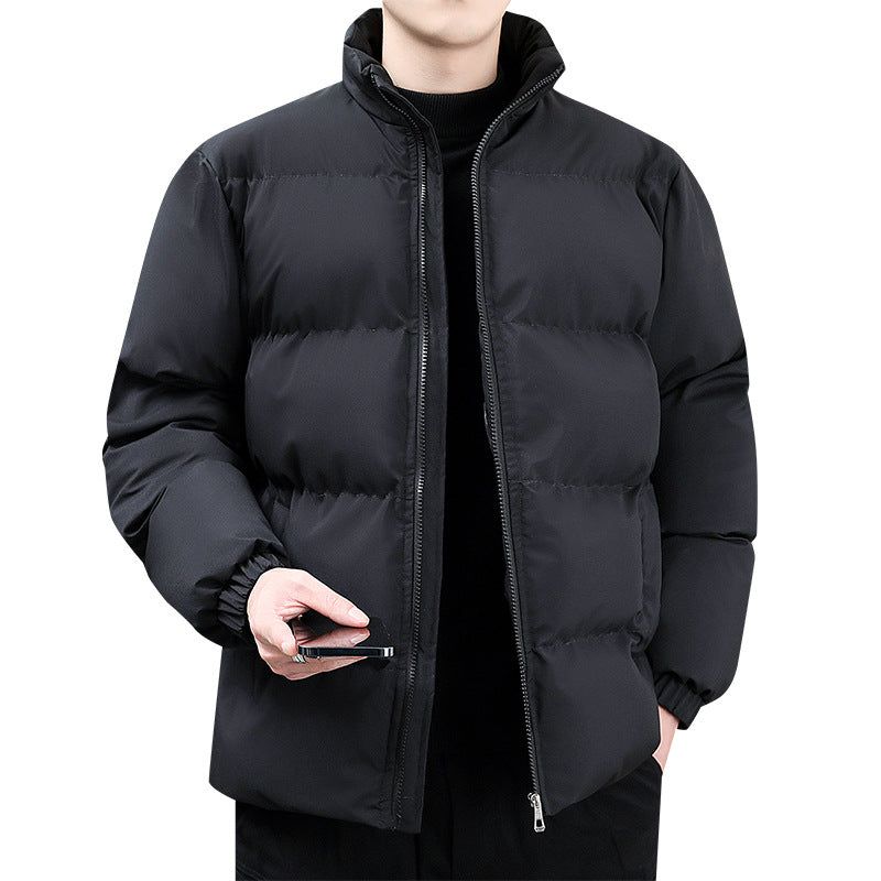 Men’s black puffer jacket. Quilted winter jacket with high collars and front zippers