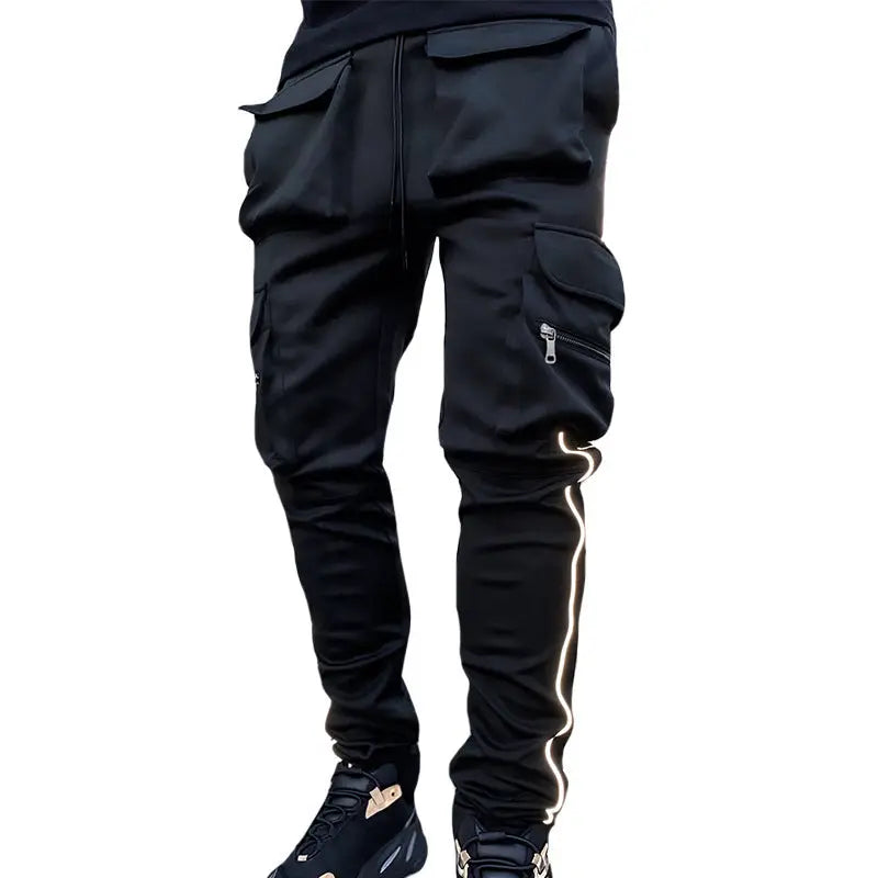Men’s black track pants with side white stripe and cargo pocket – athletic wear