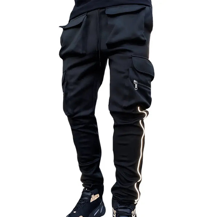 Men’s black track pants with side white stripe and cargo pocket – athletic wear
