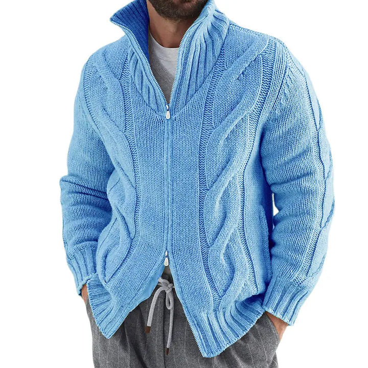 Chunky cable knit zip-up cardigan for men – warm shawl collar sweater in blue for casual fall and winter layering