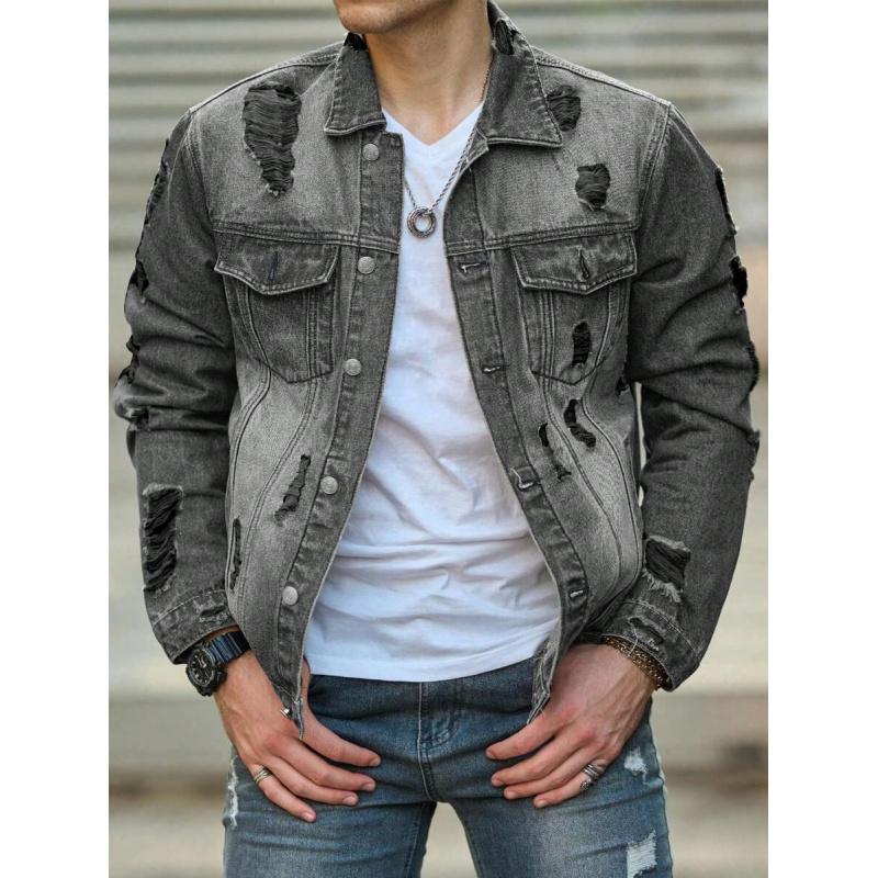 Men’s distressed gray ripped denim jacket with heavy distressing – vintage washed jean jacket with chest pockets