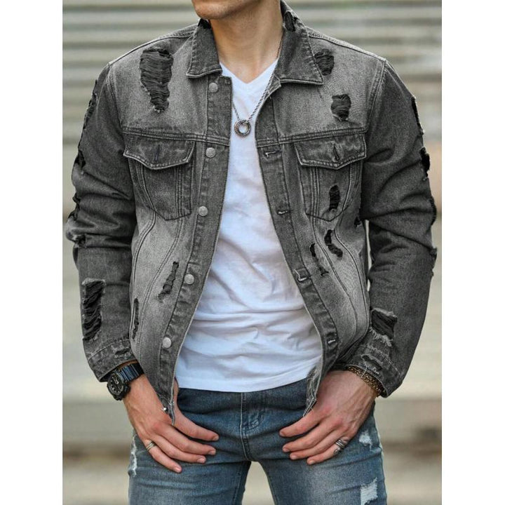 Men’s distressed gray ripped denim jacket with heavy distressing – vintage washed jean jacket with chest pockets