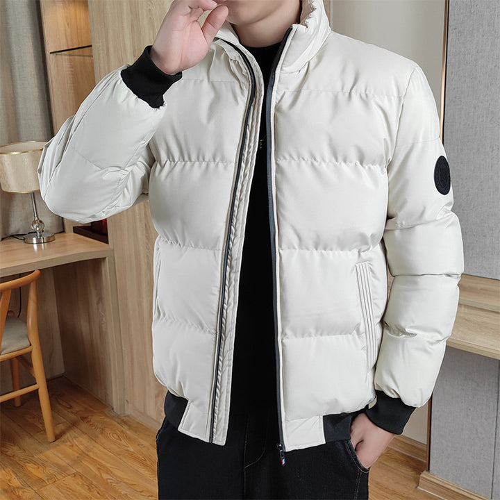 Men’s white winter puffer jacket with stand collar – sleek thermal outerwear for cold days, water-resistant and stylish.