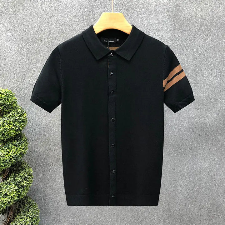 Men’s short sleeve knit polo shirt in black with contrast stripes and front buttons – modern summer top
